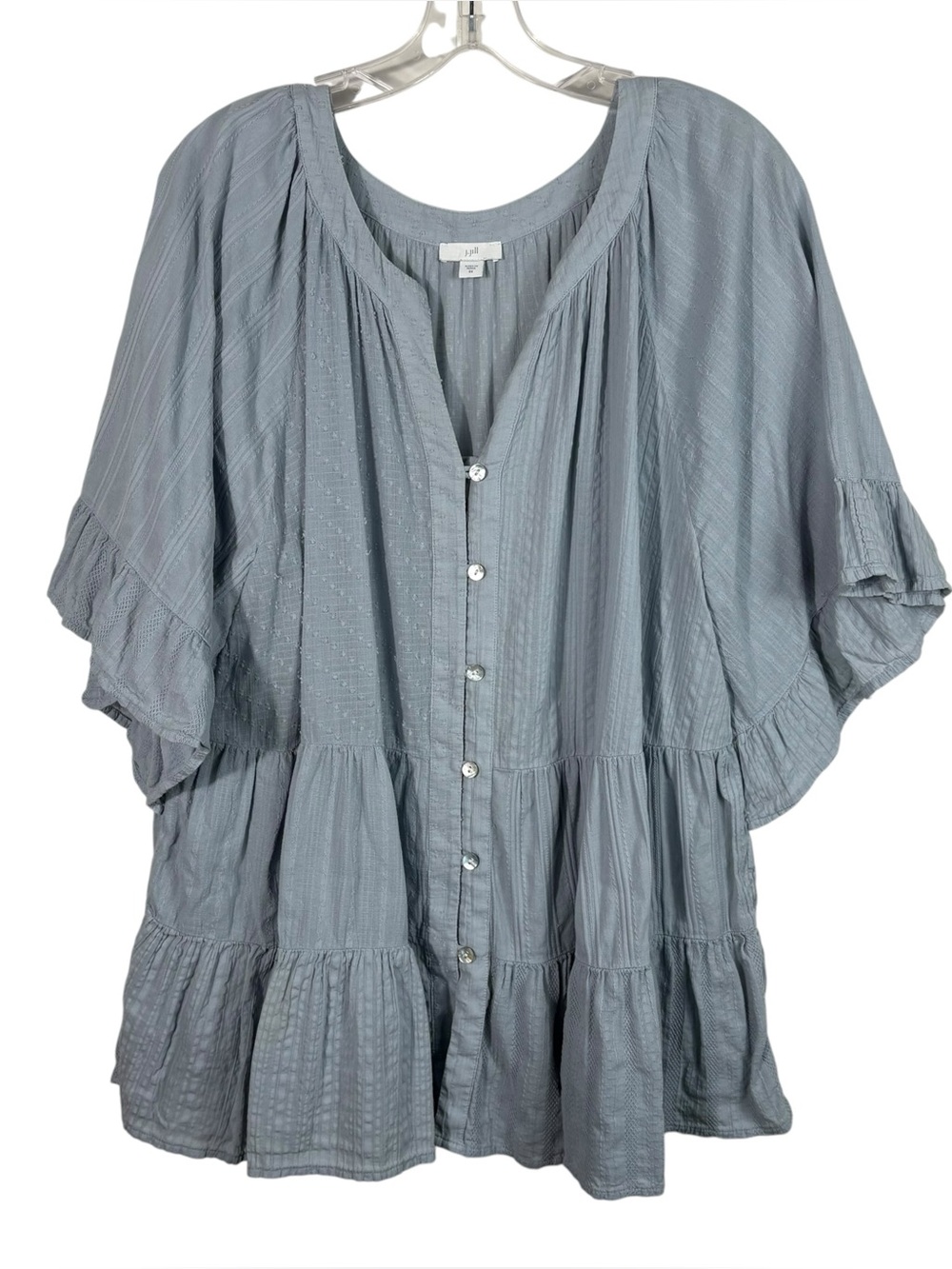 J.Jill Light Pastel Blue Swiss Dot Button Front Tiered Peasant Blouse Plus Size